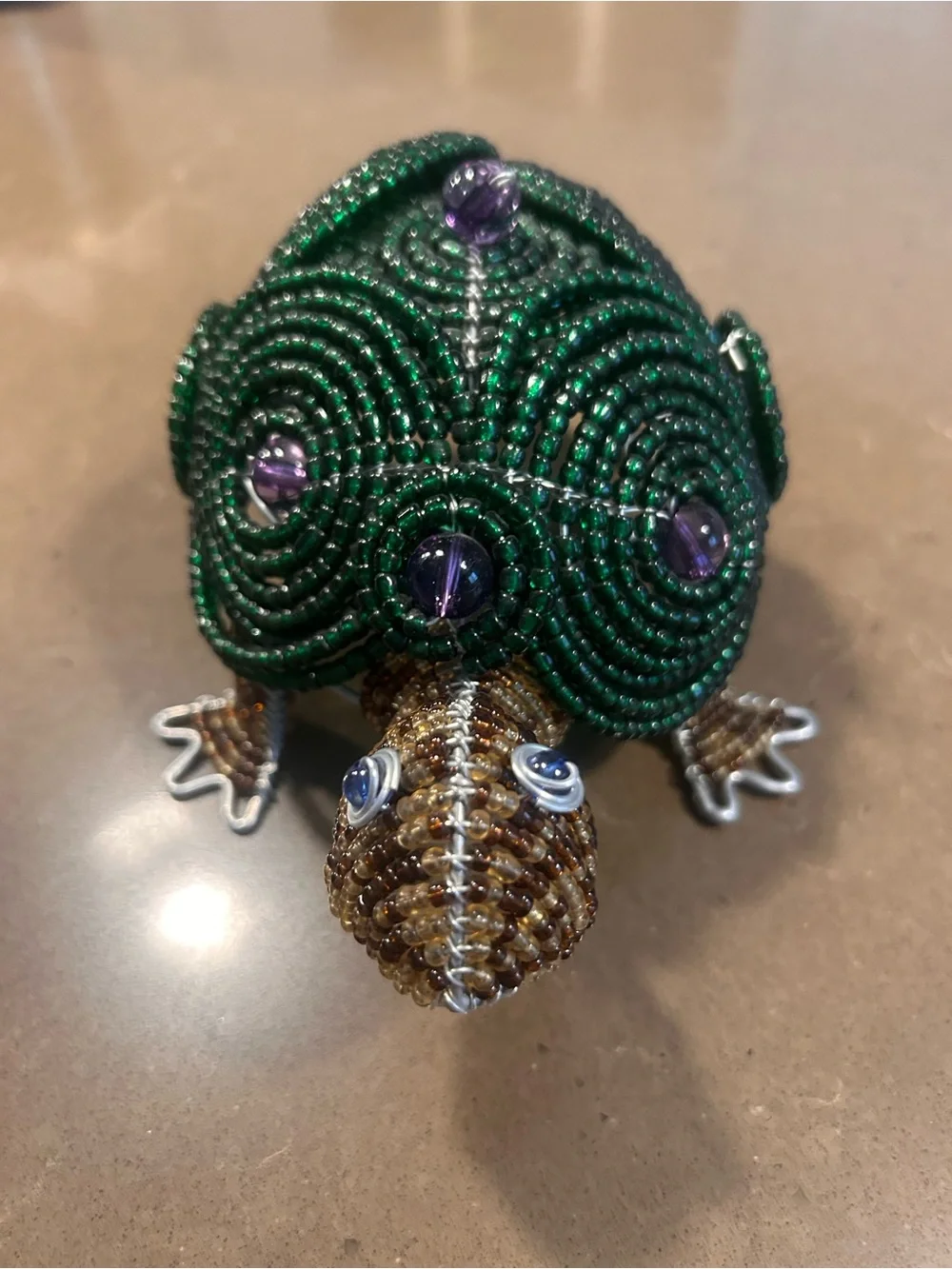Handcrafted Beaded Reptile Figurine - Green and Purple